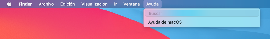 Parte de un escritorio con el menú Ayuda abierto, mostrando las opciones del menú Buscar y Ayuda de macOS.