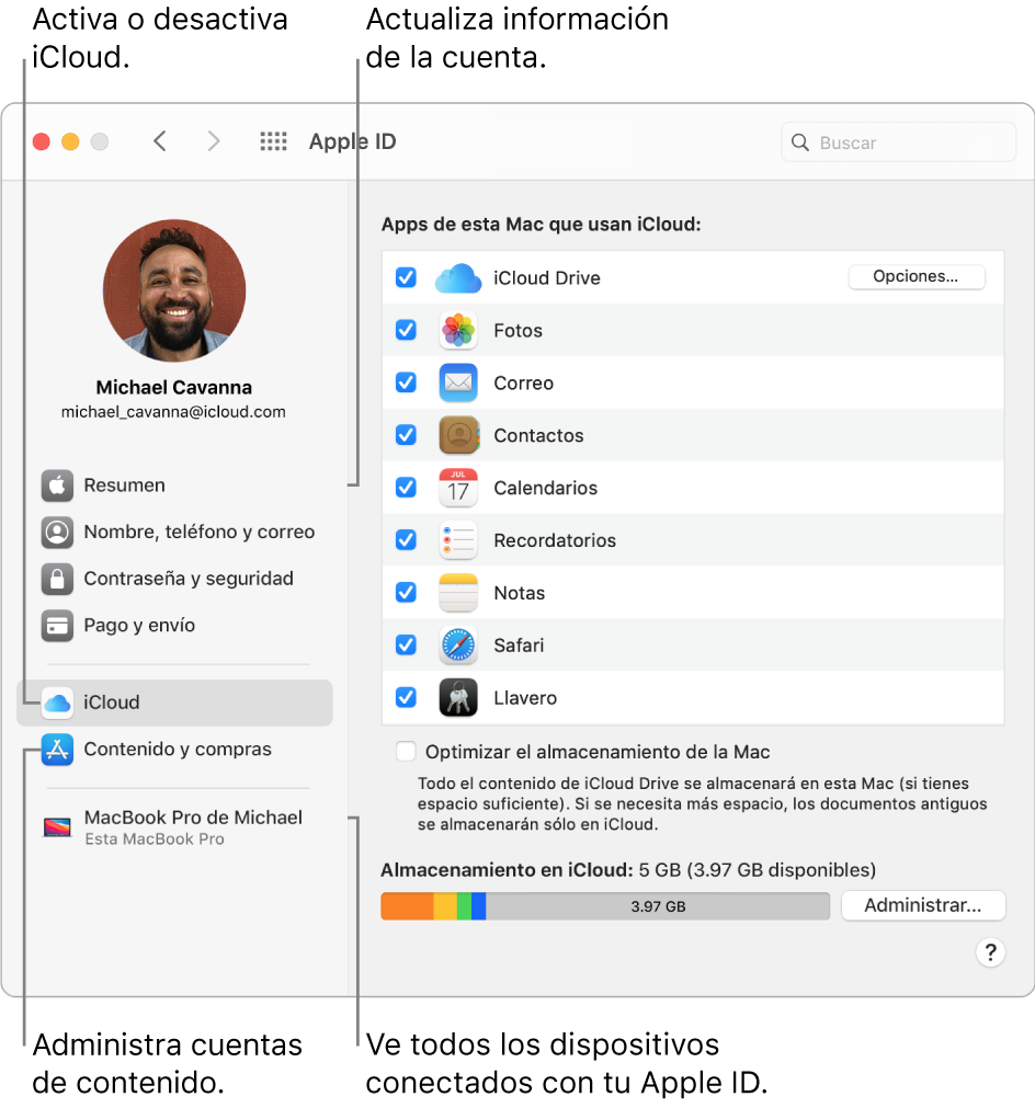 El panel Apple ID de Preferencias del Sistema. Haz clic en un elemento en la barra lateral para actualizar la información de tu cuenta, activar o desactivar iCloud, administrar cuentas de contenido o ver todos los dispositivos en los que has iniciado sesión con tu Apple ID.