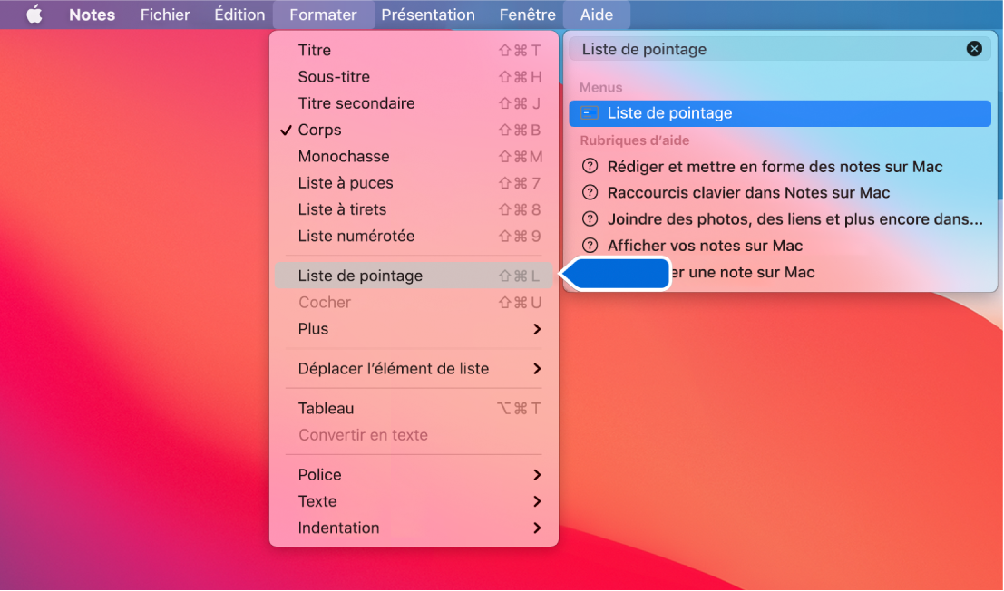 Le menu d’aide présentant une recherche dont le terme est « liste » et la commande « Liste à puces » surlignée dans la liste des résultats et dans le menu Format.