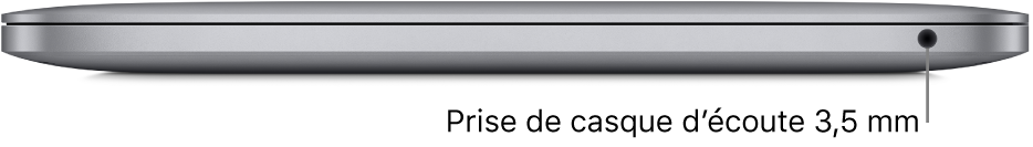 Le côté droit d’un MacBook Pro doté de la puce Apple M1, avec une légende pour la prise casque 3,5 mm.