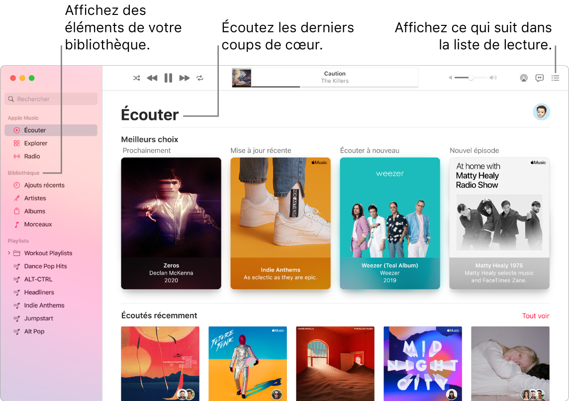 La fenêtre de l’app Musique indiquant comment afficher votre bibliothèque, écouter Apple Music et voir le prochain morceau.