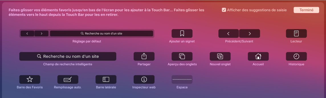 Options Personnaliser Safari pouvant être glissées dans la Touch Bar.