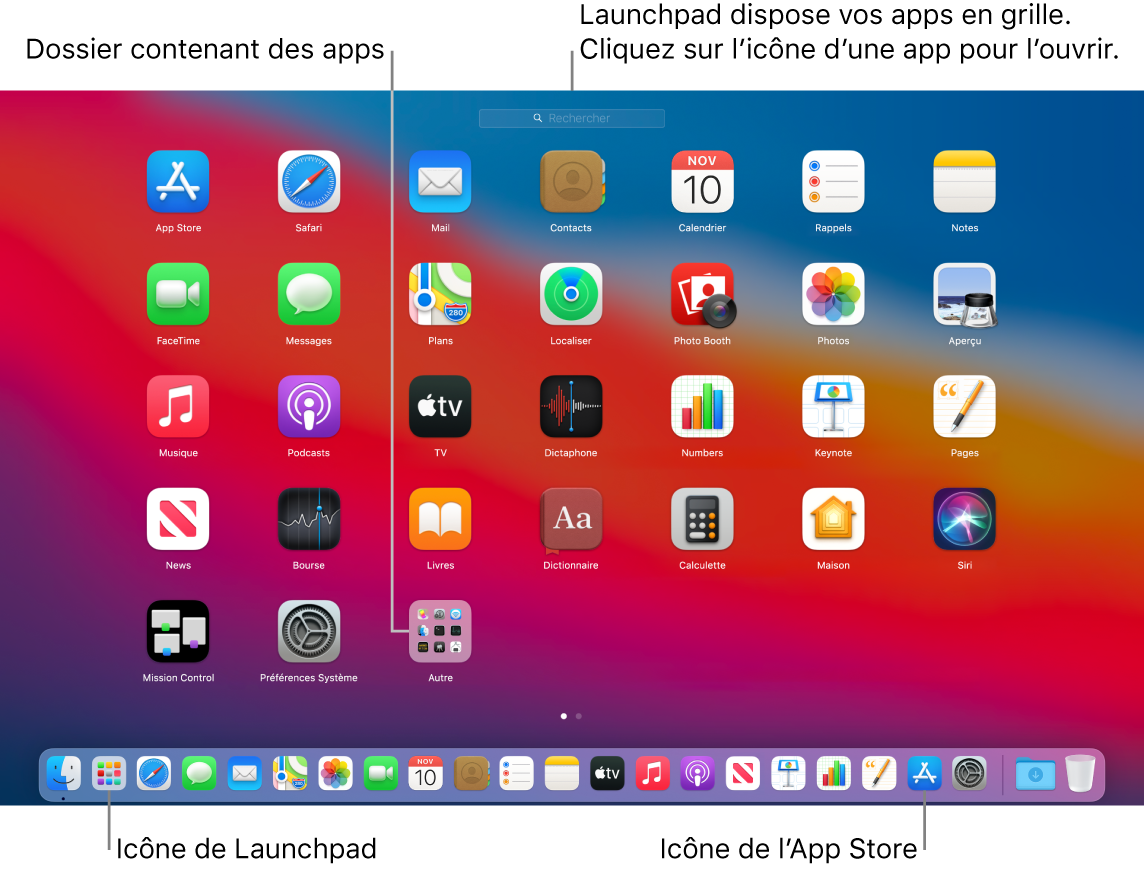 L’écran du Mac avec Launchpad ouvert, affichant un dossier d’apps dans Launchpad, et les icônes Launchpad et App Store dans le Dock.