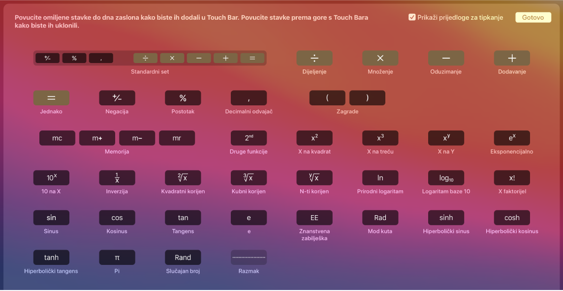Stavke u Touch Baru Kalkulatora možete prilagoditi povlačeći ih u Touch Bar.