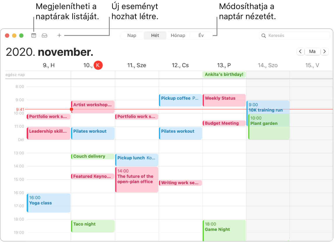 Egy Naptár-ablak, amelyben egy esemény létrehozása, a naptárak listája és a nap, hét, hónap vagy év nézet kiválasztása látható.