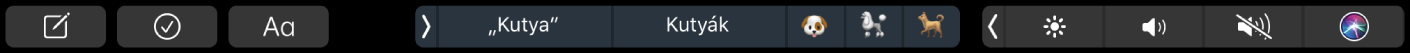 A Touch Bar a szövegszerkesztésre és prediktív szövegbevitelre szolgáló gombokkal.