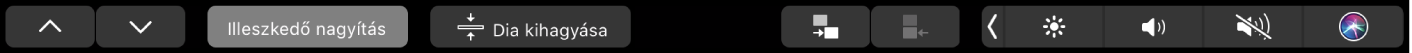 A Keynote Touch Barja a nyílgombokkal, az Illeszkedő nagyítás gombbal, a dia kihagyása gombbal, a dia behúzása gombbal és a dia kiengedése gombbal.