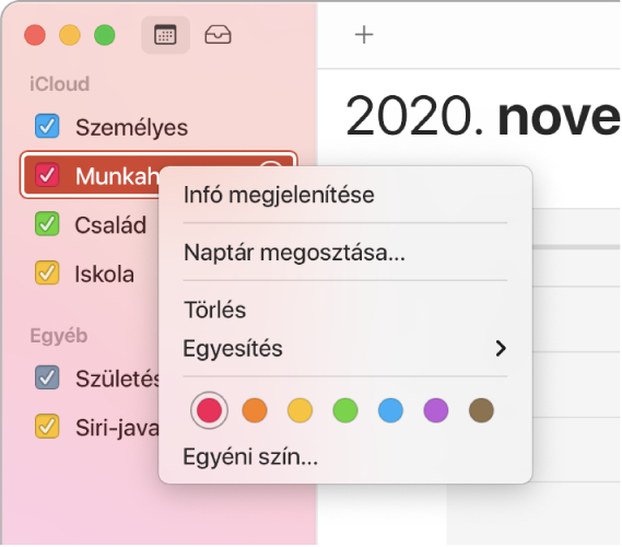 Naptár helyi menü a naptár színének testreszabásához választható beállításokkal.