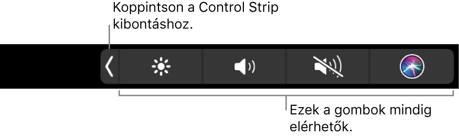 Az alapértelmezett Touch Bar egy részlete, amelyen látható a visszazárt Control Strip. A kibontás gombra koppintva megjelenítheti a teljes Control Stripet.