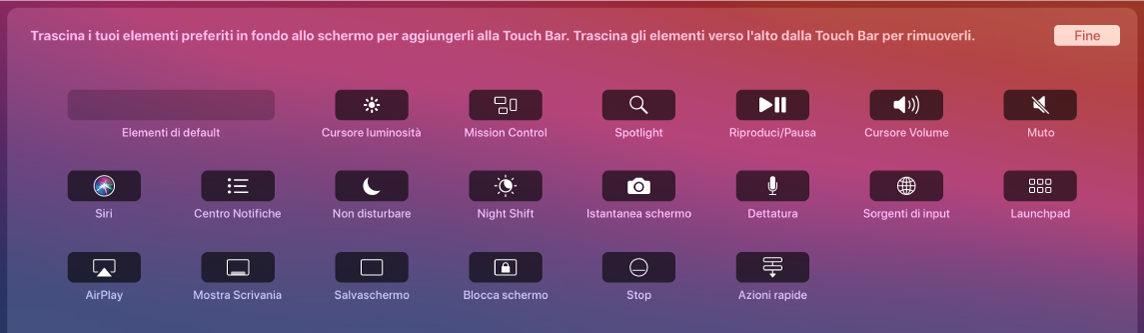 Gli elementi che puoi personalizzare in Control Strip, trascinandoli all'interno di Touch Bar.