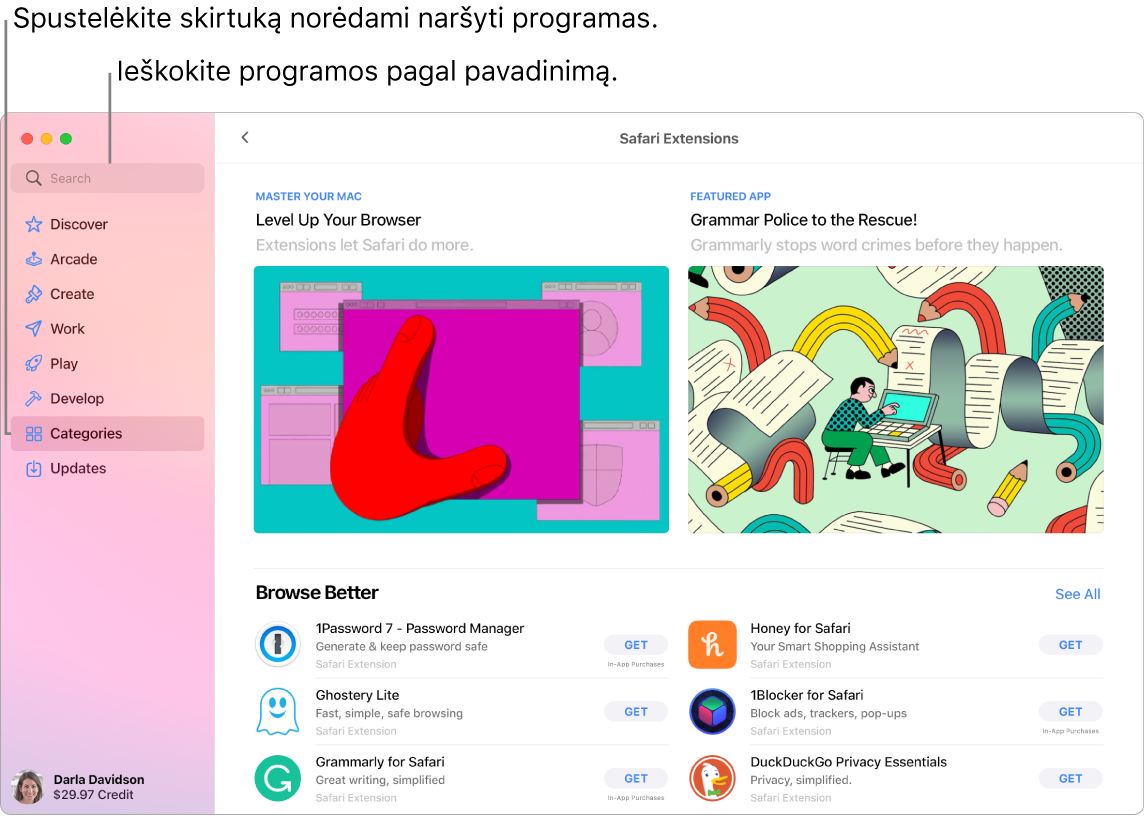 „App Store“ lange rodomi paieškos laukas ir puslapis „Safari Extensions“.