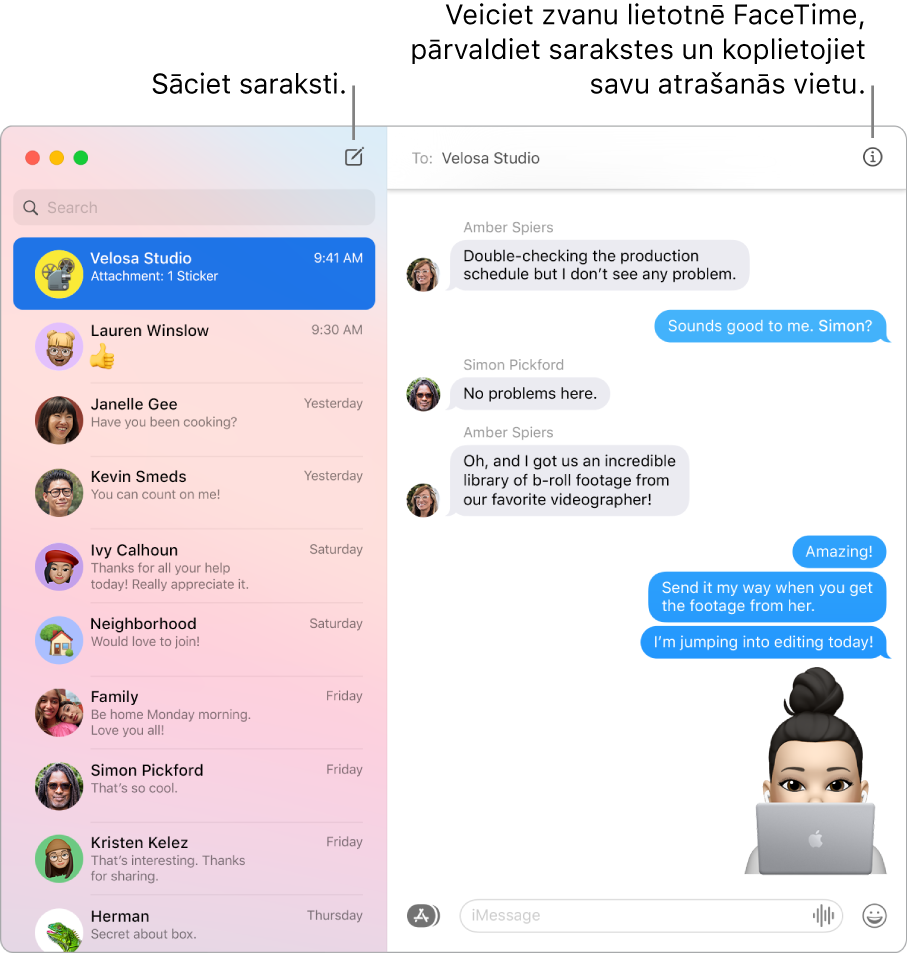 Lietotnes Messages logā parādīts, kā sākt saraksti un kā sākt FaceTime zvanu.