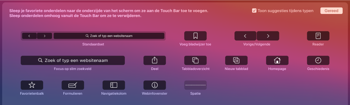 De Safari-regelaars die naar de Touch Bar kunnen worden gesleept.