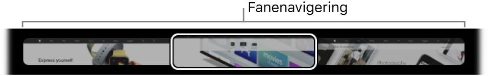 Fanenavigeringen i Touch Bar for Safari. Den har en liten forhåndsvisning av åpne faner.