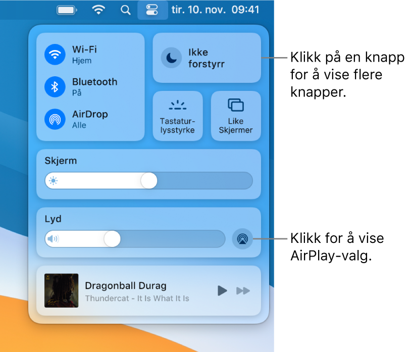 Nærbilde av Kontrollsenter på Mac, men bildeforklaring for Skjerm-knappen.