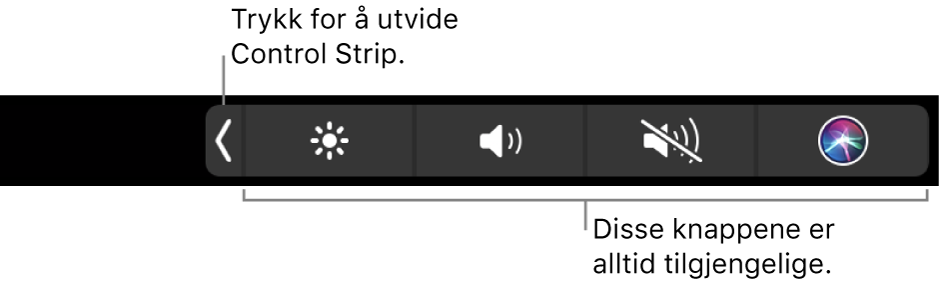 En del av standard Touch Bar, som viser Control Strip sammenslått. Trykk på Utvid-knappen for å vise hele Control Strip.
