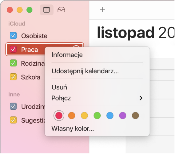Menu podręczne w Kalendarzu pozwalające na zmianę koloru kalendarza.