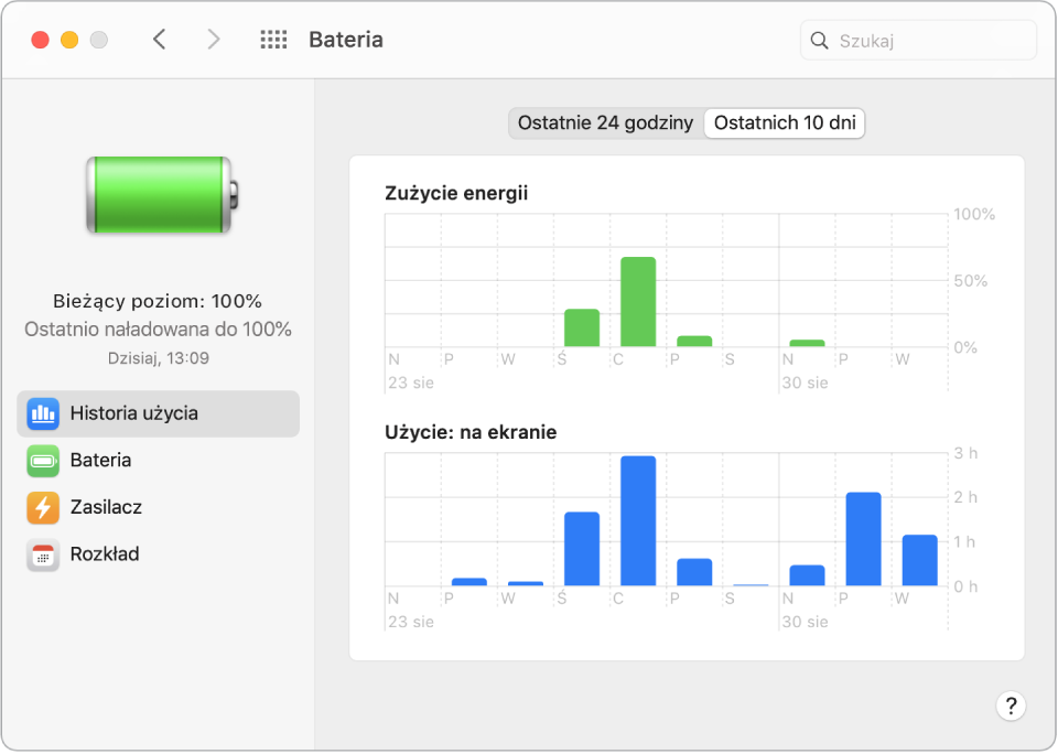 Okno historii użycia baterii z wybranym wyświetlaniem ostatnich dziesięciu dni.
