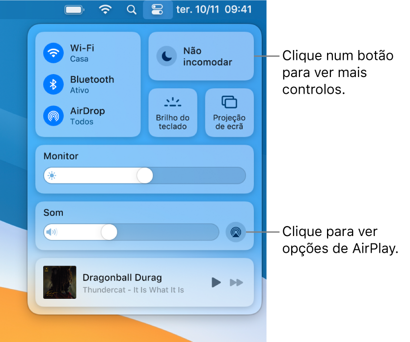 Vista ampliada da central de controlo no Mac com uma chamada para o botão Monitor.