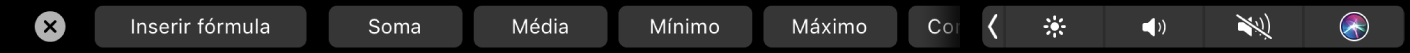 A Touch Bar do Numbers a mostrar os botões de fórmula. Estes incluem: soma, média, mínimo, máximo e contagem.