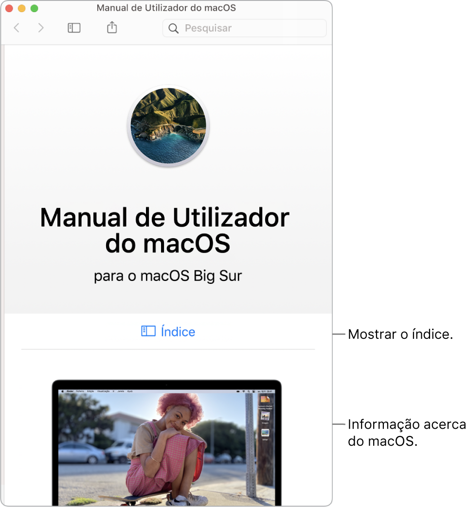 A página de introdução ao Manual do Utilizador do macOS a mostrar a hiperligação “Índice”.