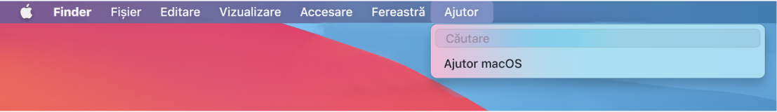 O parte din desktop cu meniul Ajutor deschis, afișând opțiunile de meniu Căutare și Ajutor macOS.