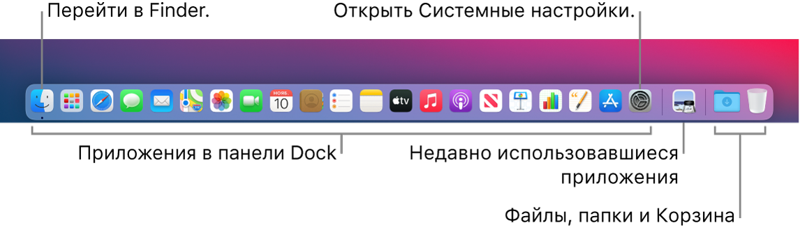 Панель Dock. Показаны значки Finder и Системных настроек, а также линия, отделяющая приложения от файлов и папок.