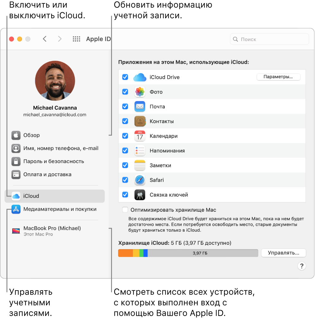 Панель Apple ID в Системных настройках. Нажмите объект в боковом меню, чтобы обновить данные учетной записи, включить или выключить iCloud, изменить настройки учетных записей социальных сетей и просмотреть список устройств, на которых выполнен вход с Вашим Apple ID.