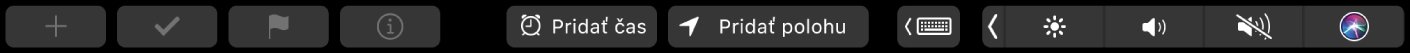 Touch Bar pre aplikáciu Pripomienky s tlačidlami na pridanie novej pripomienky, odškrtnutie, označenie, zobrazenie informácií, pridanie času a miesta.