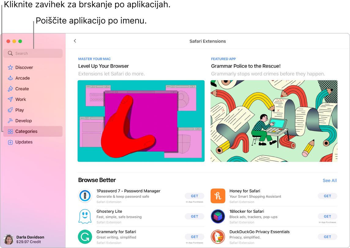 Okno trgovine App Store, v katerem sta prikazana iskalno polje in stran z razširitvami brskalnika Safari.