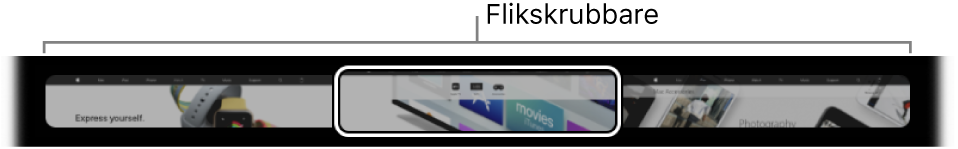 Flikskrubbaren på Safaris Touch Bar. En liten förhandsvisning av varje öppen flik visas på den.