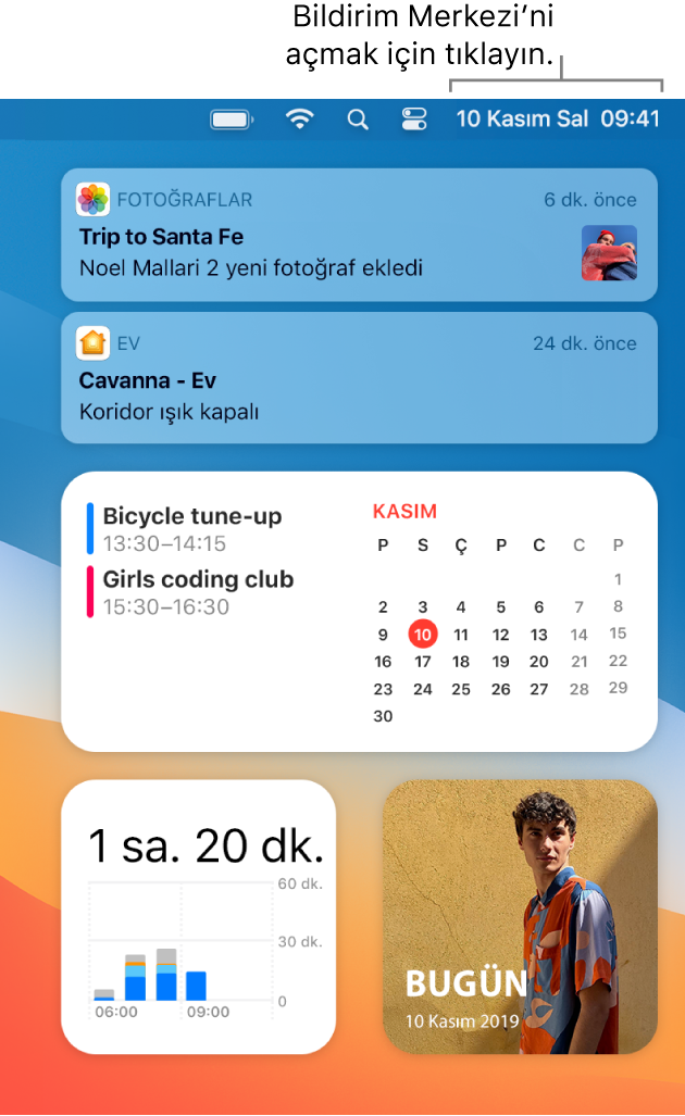 Masaüstü ekranının Bildirim Merkezi’ni açık olarak gösteren bir kısmı.