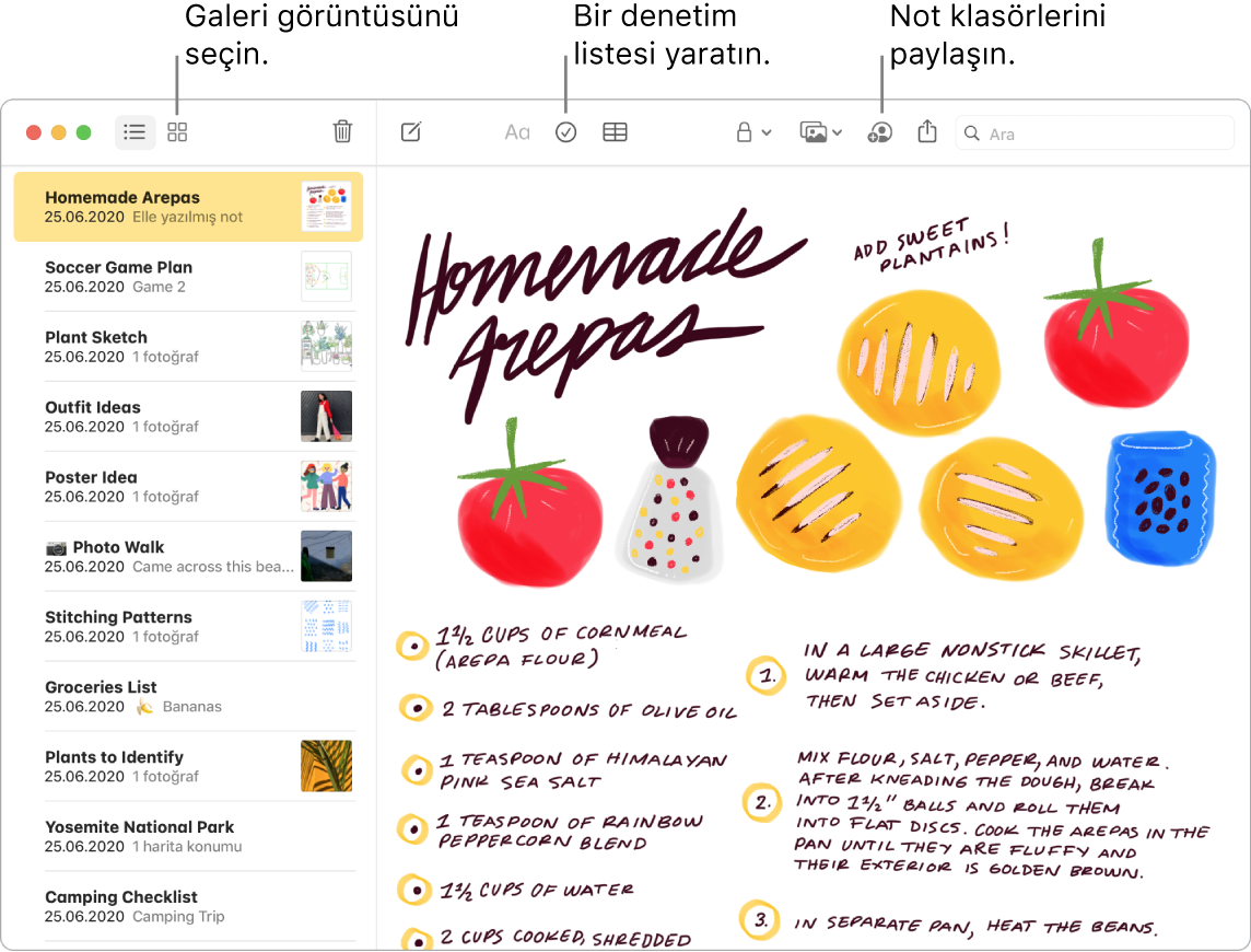 Galeri Görüntüsü, Yapılacaklar Listesi ve Klasör Paylaş düğmelerine belirtme çizgileriyle birlikte Galeri görüntüsündeki Notlar penceresi.