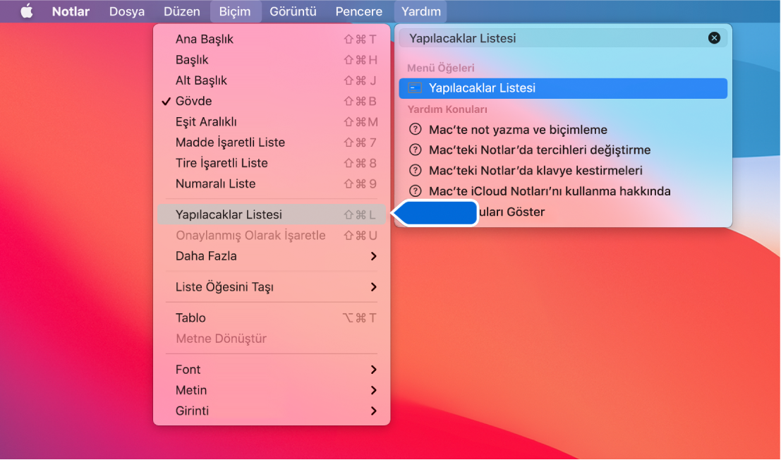 Sonuçlar listesinde ve Biçim menüsünde Madde İşaretli Liste komutunun vurgulandığı bir “liste” aramasını gösteren Yardım menüsü.