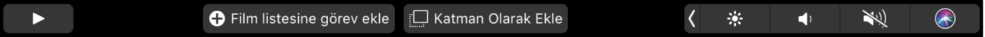 Favori yapma, silme, oynatma, filme ekleme ve katman olarak ekleme düğmelerini gösteren iMovie Touch Bar’ı.