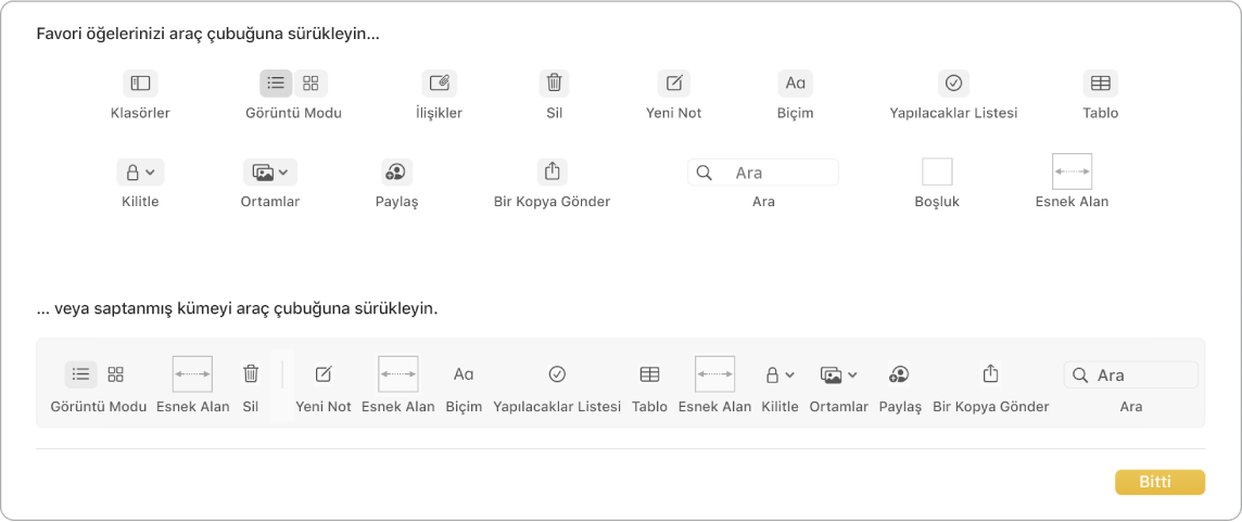 Kullanılabilecek araç çubuğunu özelleştirme seçeneklerini gösteren Notlar penceresi.