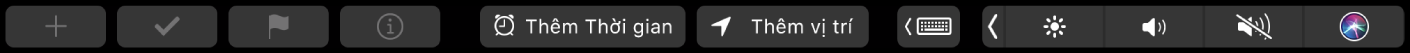 Touch Bar Lời nhắc với các nút cho lời nhắc mới, đánh dấu, gắn thẻ, thông tin, Thêm thời gian và Thêm địa điểm.