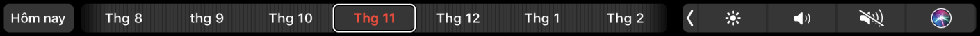 Touch Bar Lịch với nút Hôm nay và thanh trượt để chọn tháng.