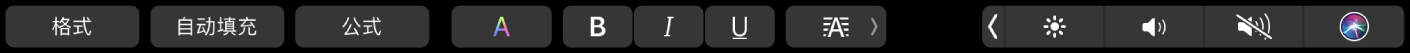 含“格式”、“自动填充”和“公式”按钮的 Numbers 表格触控栏。还包含文本格式化按钮,如颜色、粗体、斜体、下划线和对齐。