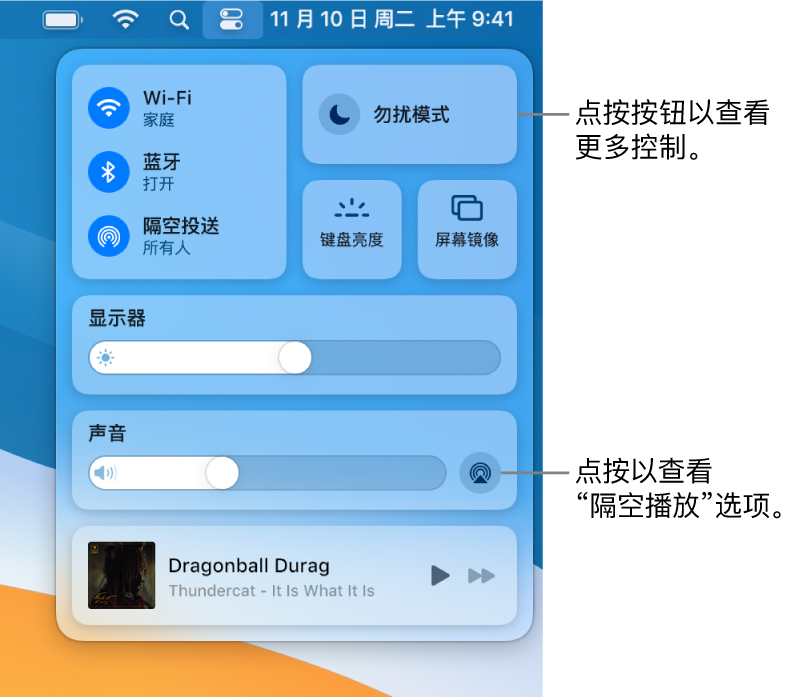 Mac 上“控制中心”的放大视图,标注了“显示器”按钮。