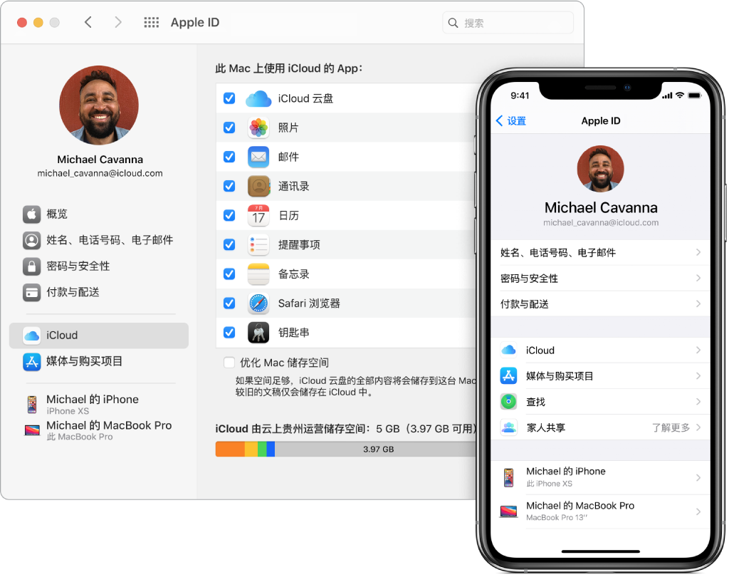 iPhone 上的 iCloud 设置,Mac 上的 iCloud 窗口。