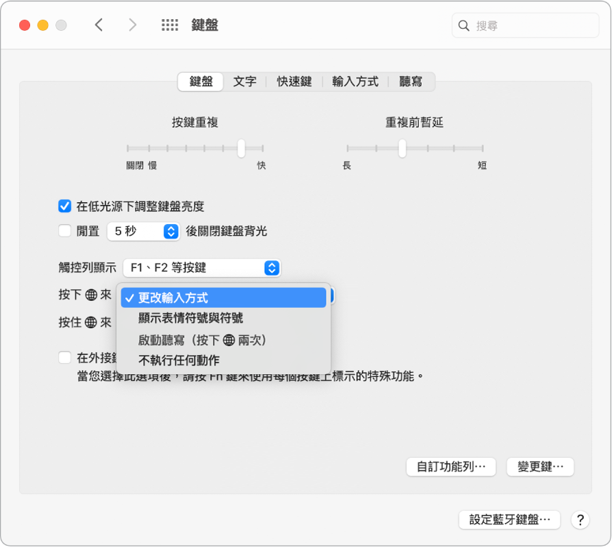 包含下拉式選單的「鍵盤」偏好設定顯示功能(Fn)/地球鍵的選項:「更改輸入方式」、「顯示表情符號與符號」、「開始聽寫」和「不執行任何動作」。