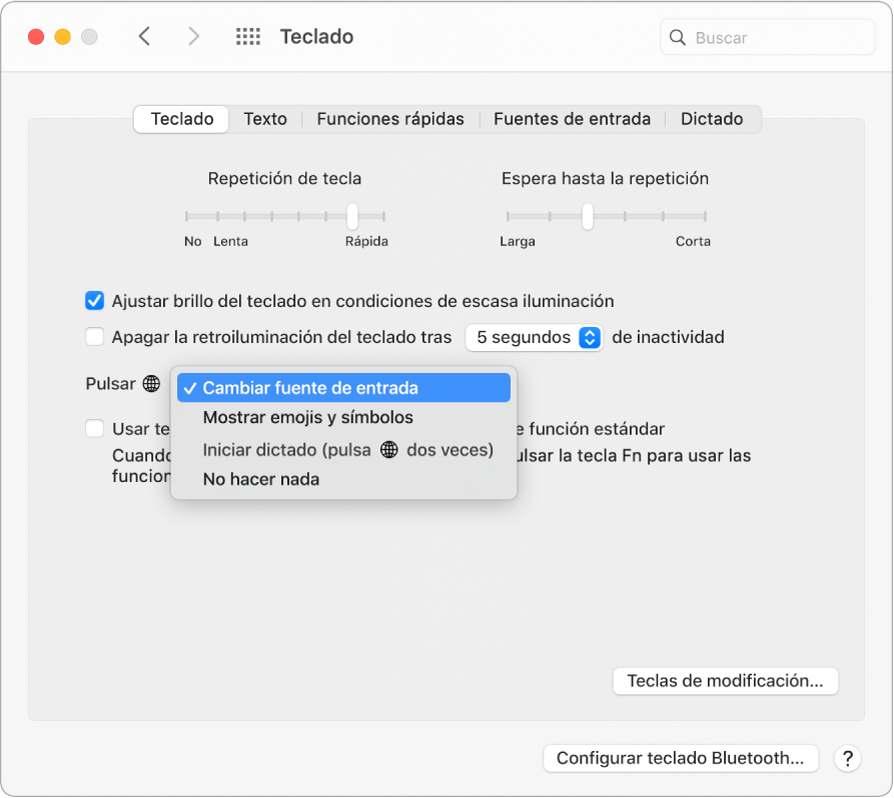 El panel de preferencias Teclado con un menú desplegable que muestra las opciones de la tecla de función (Fn)/globo terráqueo: “Cambiar fuente de entrada”, “Mostrar emojis y símbolos”, “Iniciar dictado” o “No hacer nada”.