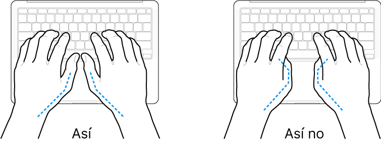 Manos colocadas sobre un teclado que muestran una posición correcta e incorrecta de los pulgares.