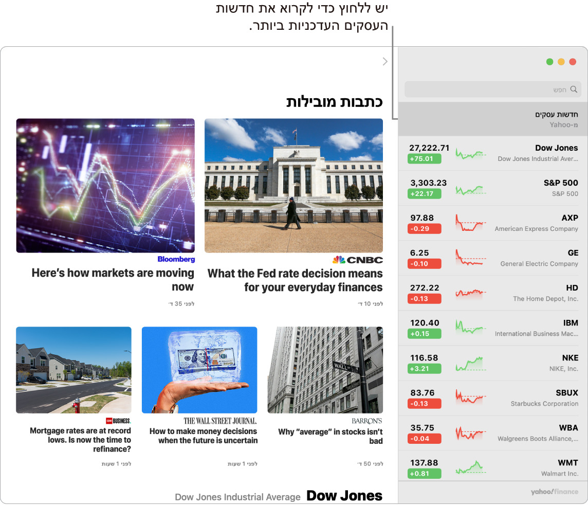 לוח המחוונים של המניות המציג את מחירי השוק ברשימת מניות בליווי ״כתבות מובילות״.