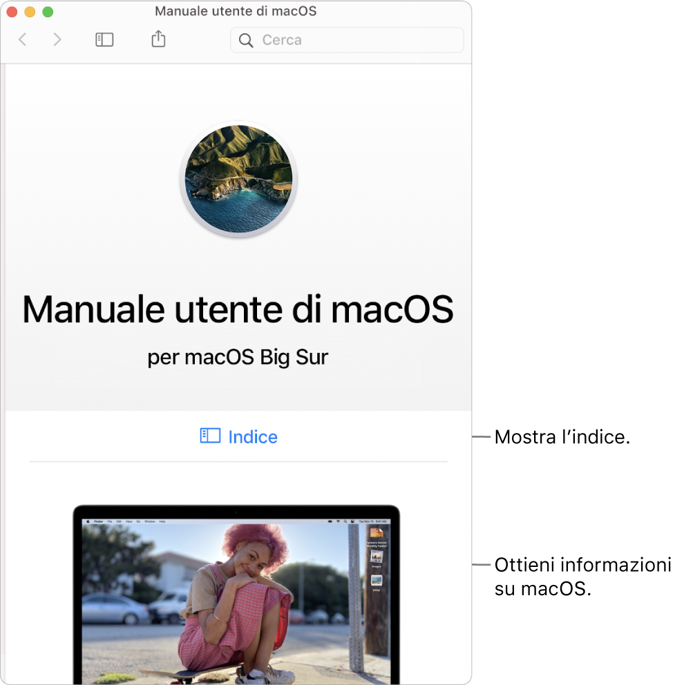 Pagina di benvenuto del Manuale utente di macOS che mostra il link dell’indice.