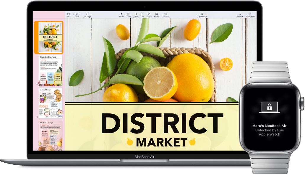 „MacBook Air“, šalia esantis „Apple Watch“ rodo žinutę, informuojančią, kad „Mac“ atrakintas naudojant laikrodį.