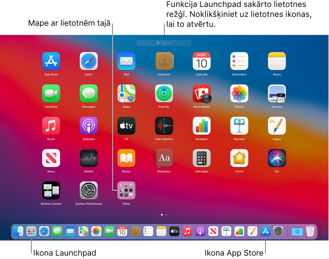 Mac datora ekrāns ar atvērtu funkciju Launchpad; redzama lietotņu mape lietotnē Launchpad, kā arī funkcijas Launchpad un pakalpojuma App Store ikonas joslā Dock.
