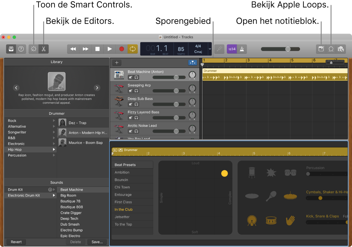 Een GarageBand-venster met daarin de knoppen voor toegang tot slimme besturingselementen, editors, notities en Apple Loops. Ook het gebied met tracks wordt weergegeven.