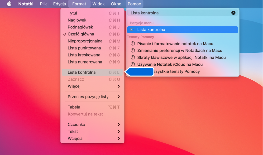 Menu pomocy pokazujące wyszukiwanie frazy „lista kontrolna” oraz wyróżnione polecenie Lista punktowana na liście wyników oraz w menu Format.
